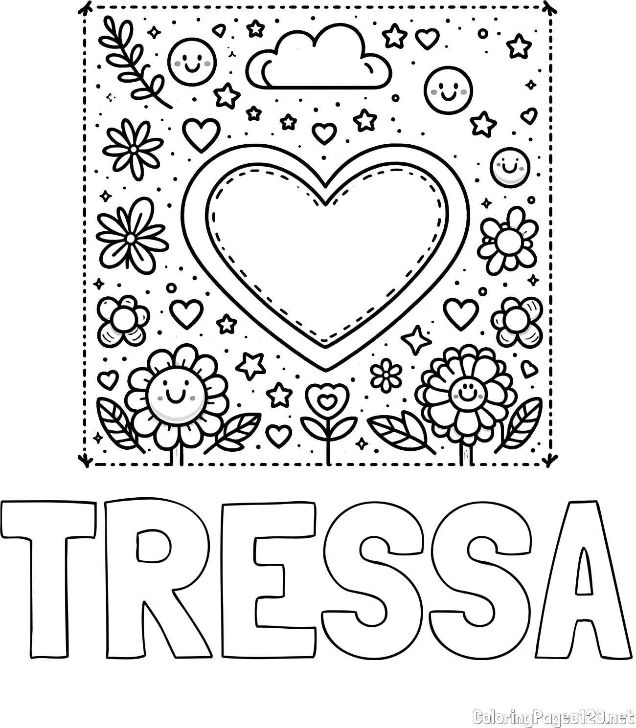 TRESSA Coloring Page and Free Printable Coloring Page of Heart and Flowers