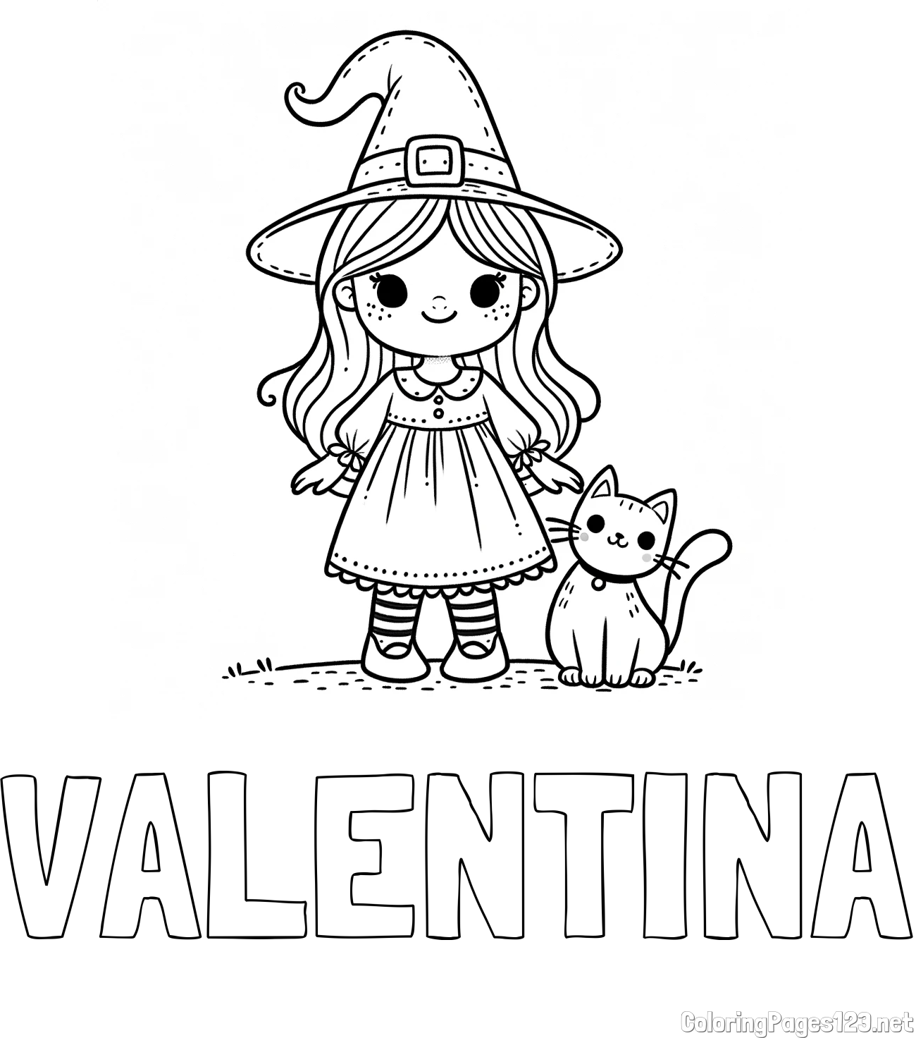VALENTINA Coloring Page and Wonderful Coloring Page of a Cute Witch and a Smiling Cat