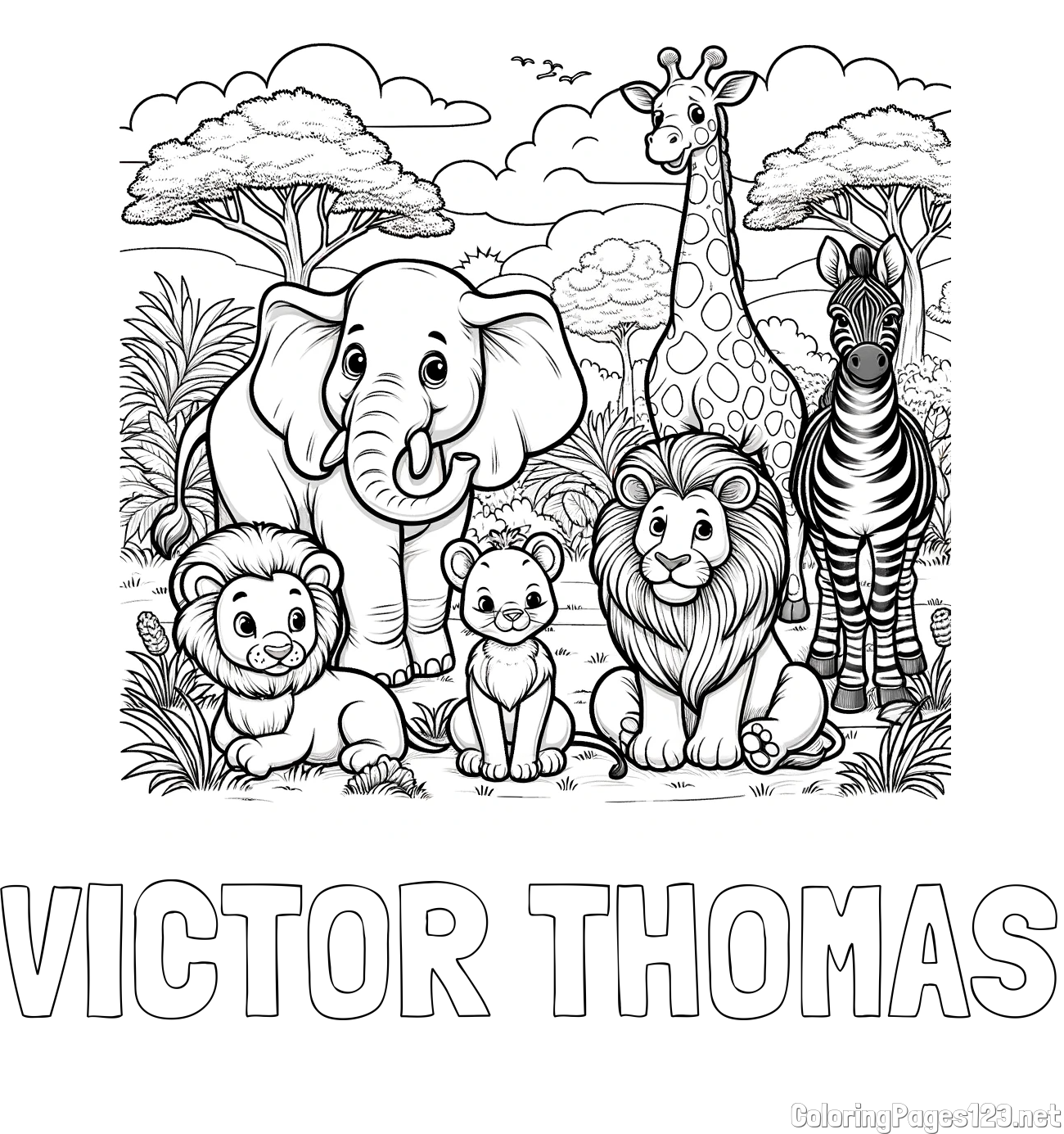 VICTOR THOMAS Coloring Page and Beautiful Animal Coloring Page - Lion Family, Elephant, Giraffe, and Zebra