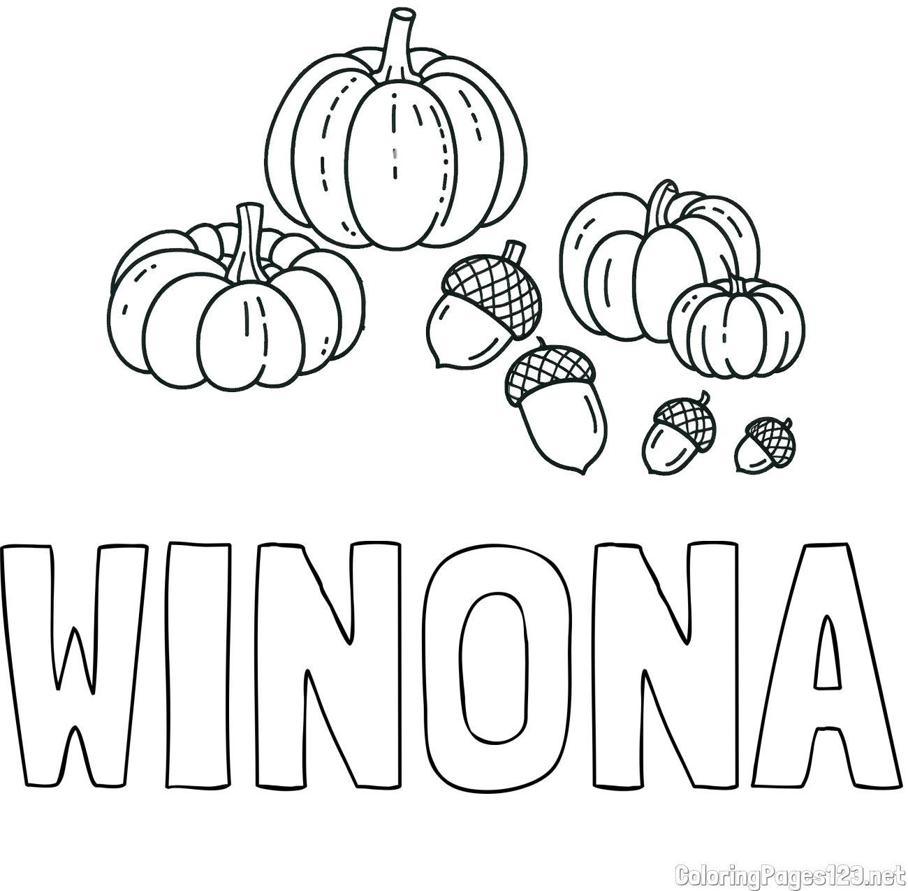 WINONA Coloring Page and Autumn Harvest Coloring Page - Acorns and Pumpkins
