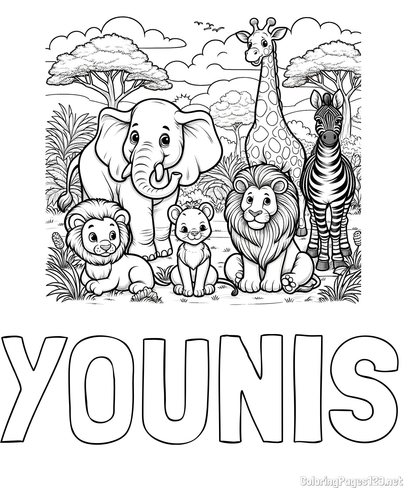 YOUNIS Coloring Page and Beautiful Animal Coloring Page - Lion Family, Elephant, Giraffe, and Zebra