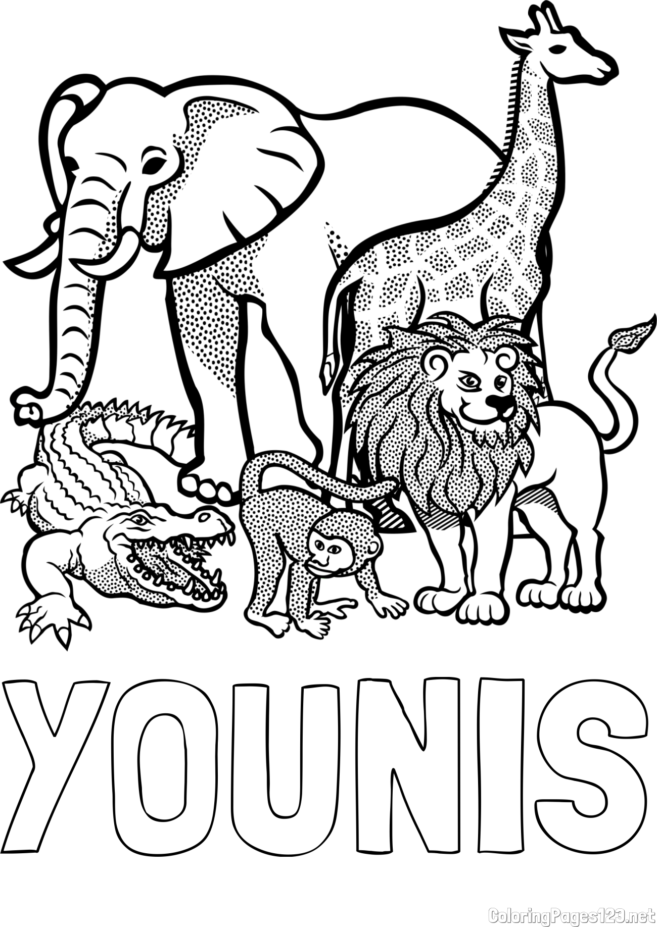 YOUNIS Coloring Page and Zoo Animals Coloring Page - Elephant, Tiger, Monkey, and Crocodile