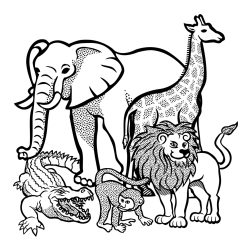 Zoo Animals Coloring Page - Elephant, Tiger, Monkey, and Crocodile