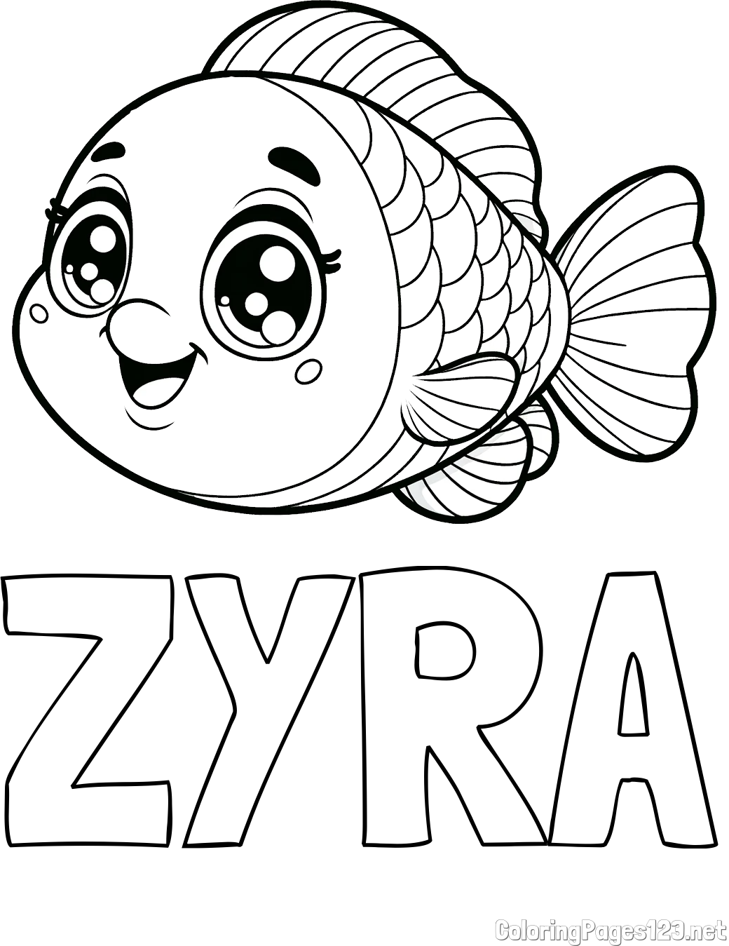 ZYRA Coloring Page and Free Coloring Page of a Smiling Fish